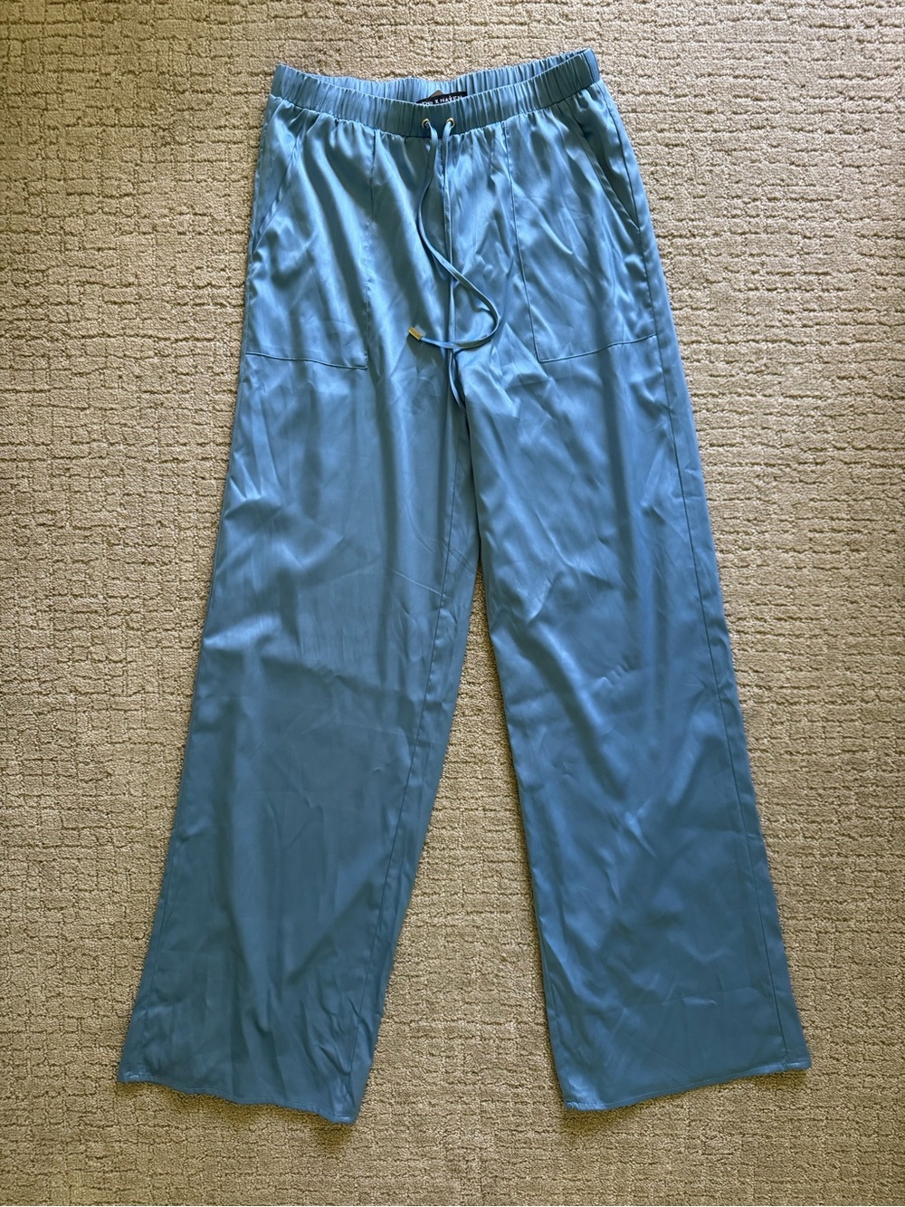 bebe x NAVEN Light Blue Satin Straight Leg Drawstring Lounge Pant Size 6 NWT